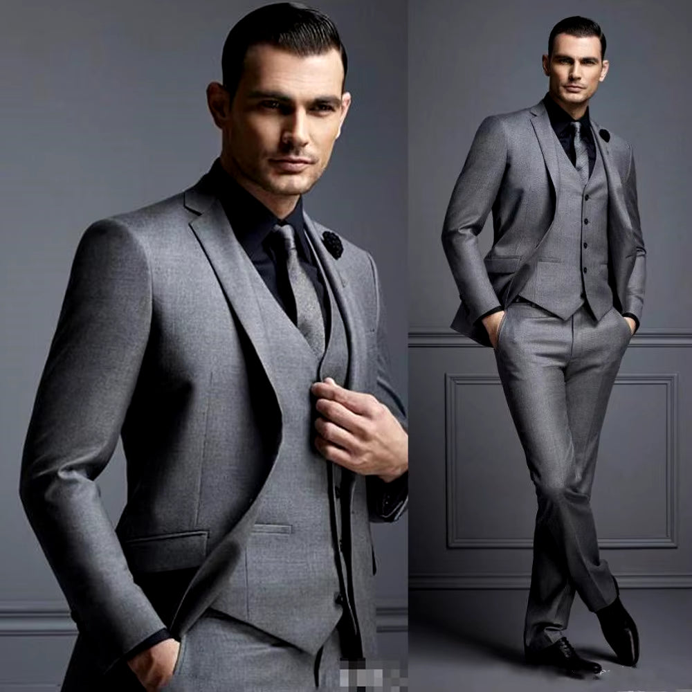 New Grey Mens Suit Groom Suit Cheap Formal Man Suits for Wedding Best Men Slim Fit Groom Tuxedos for Man(Jacket+Vest+Pants)Terno
