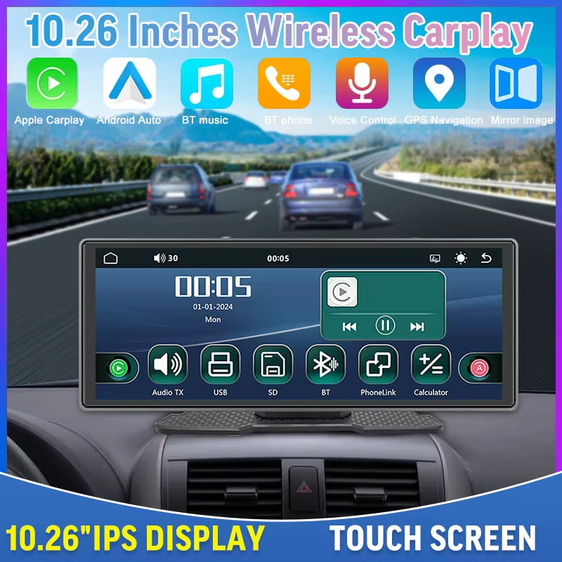 10.26-Inch Wireless Carplay Android Auto Car Portable GPS Navigation Car Display Screen Central Control Screen Radio