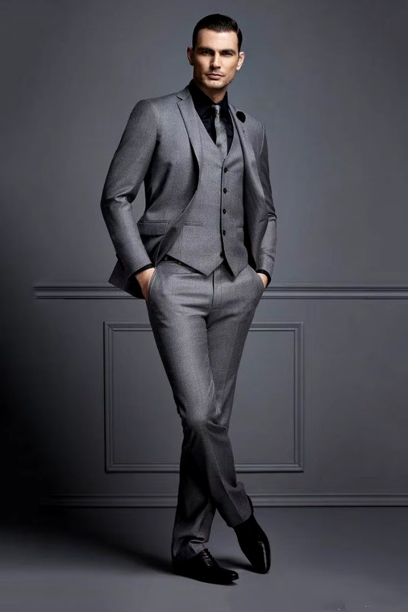 New Grey Mens Suit Groom Suit Cheap Formal Man Suits for Wedding Best Men Slim Fit Groom Tuxedos for Man(Jacket+Vest+Pants)Terno
