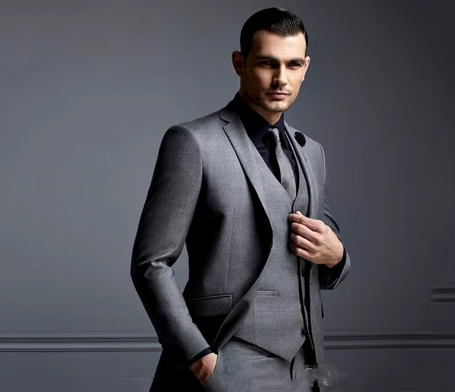 New Grey Mens Suit Groom Suit Cheap Formal Man Suits for Wedding Best Men Slim Fit Groom Tuxedos for Man(Jacket+Vest+Pants)Terno